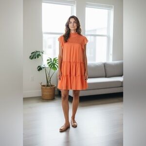 Maison Tara Smocked Tiered Ruffle Dress Orange Chiffon Lined
